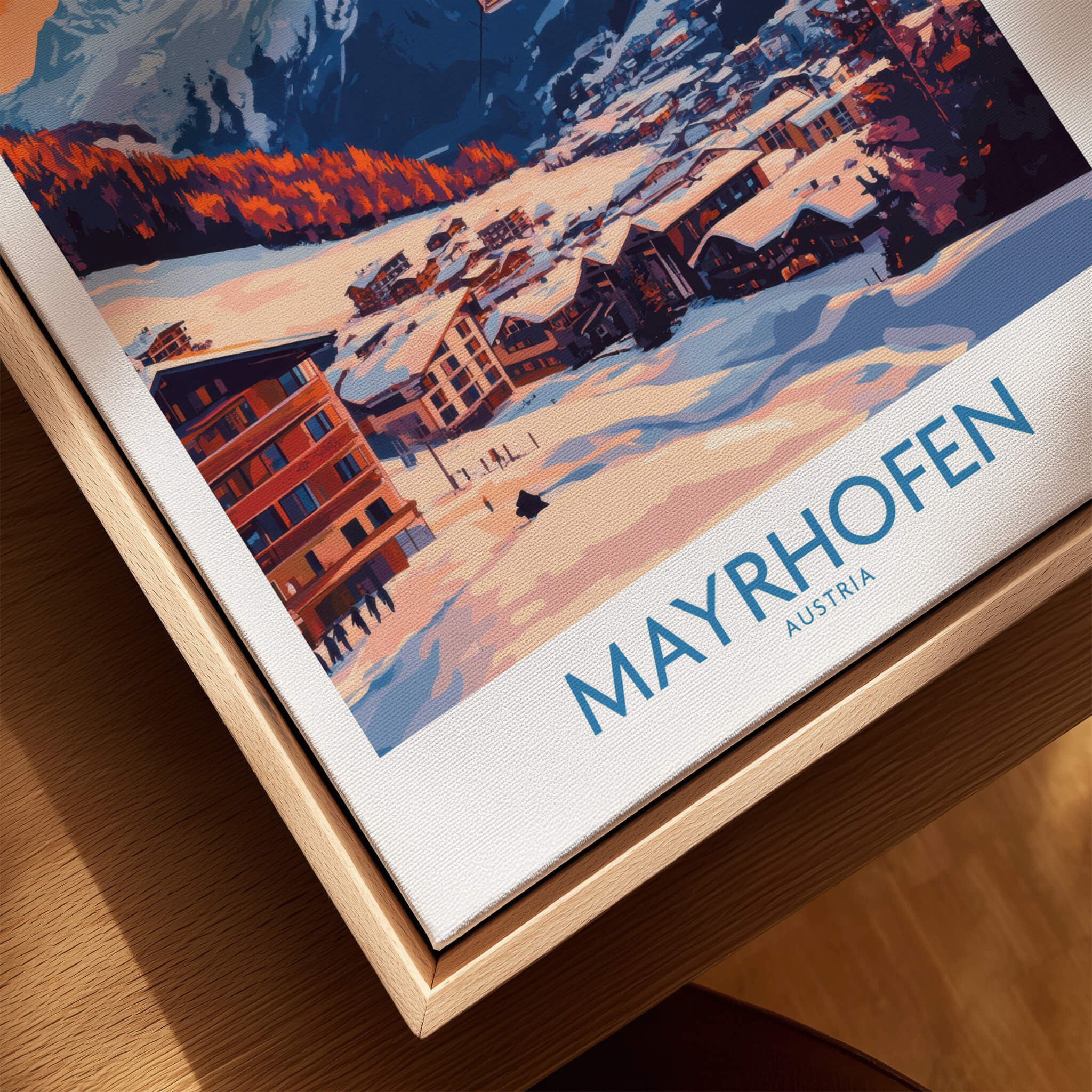 Ski Poster Mayrhofen Austria showcasing snowy slopes and mountains in a beautiful artistic style.