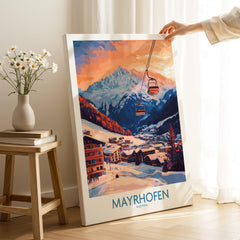 Ski Poster Mayrhofen Austria showcasing stunning sunset over the Austrian Alps and ski lifts in the foreground.