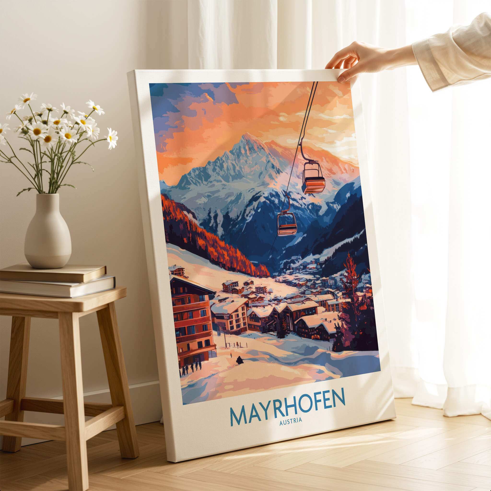 Ski Poster Mayrhofen Austria showcasing stunning sunset over the Austrian Alps and ski lifts in the foreground.
