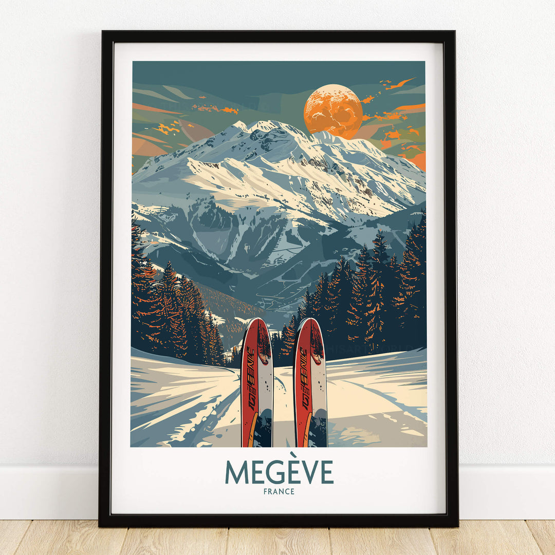 Megève Ski Print - France showcasing a scenic landscape of snow-capped mountains and ski equipment.