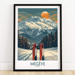 Megève Ski Print - France showcasing a scenic landscape of snow-capped mountains and ski equipment.