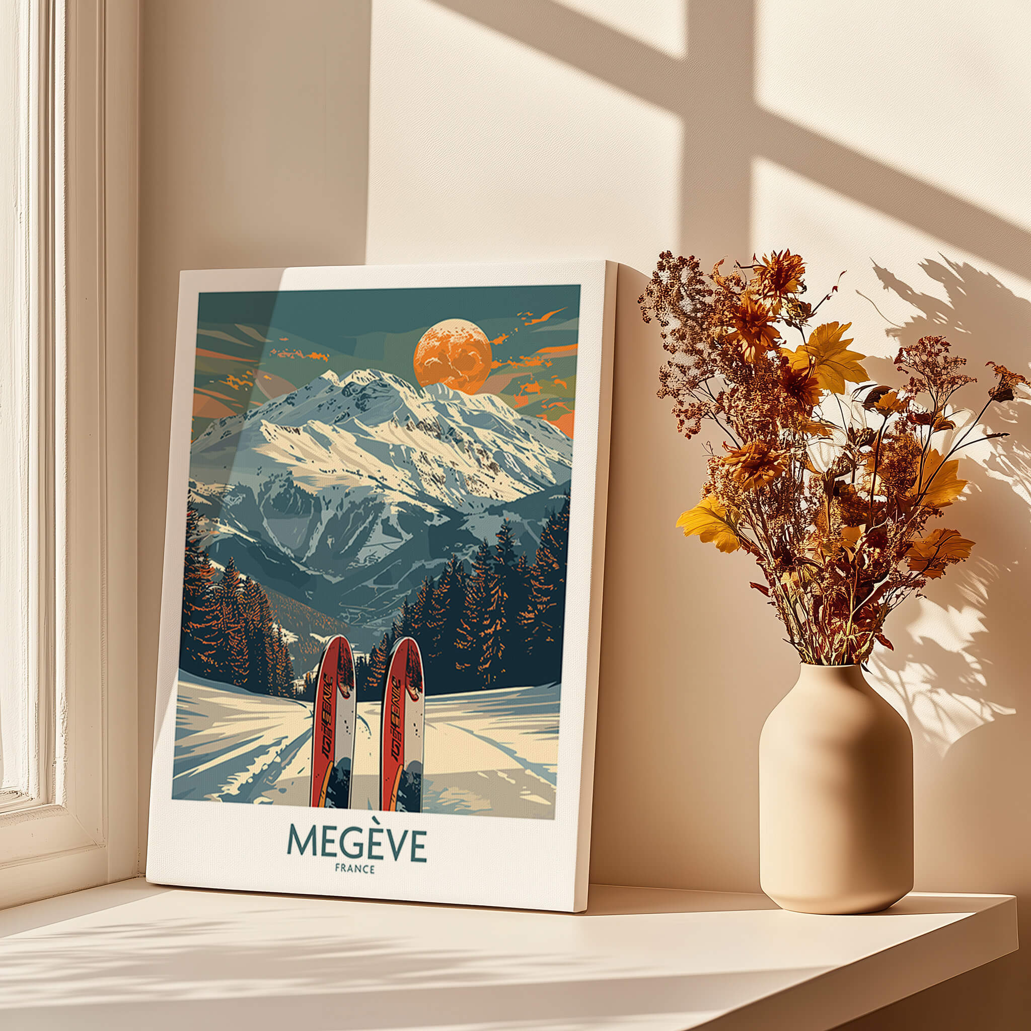 Megève Ski Print - France showcasing snow-covered mountains and skis against a warm sunset background.