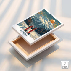 Megève Ski Print - France displayed on a decorative box featuring snowy mountains and retro skis.