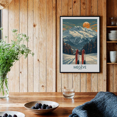 Megève Ski Print - France displayed in a cozy interior with wooden accents and natural decor.