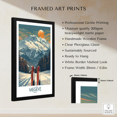 Megève Ski Print - France showcased in a framed Giclée art print with snowy mountain scene.