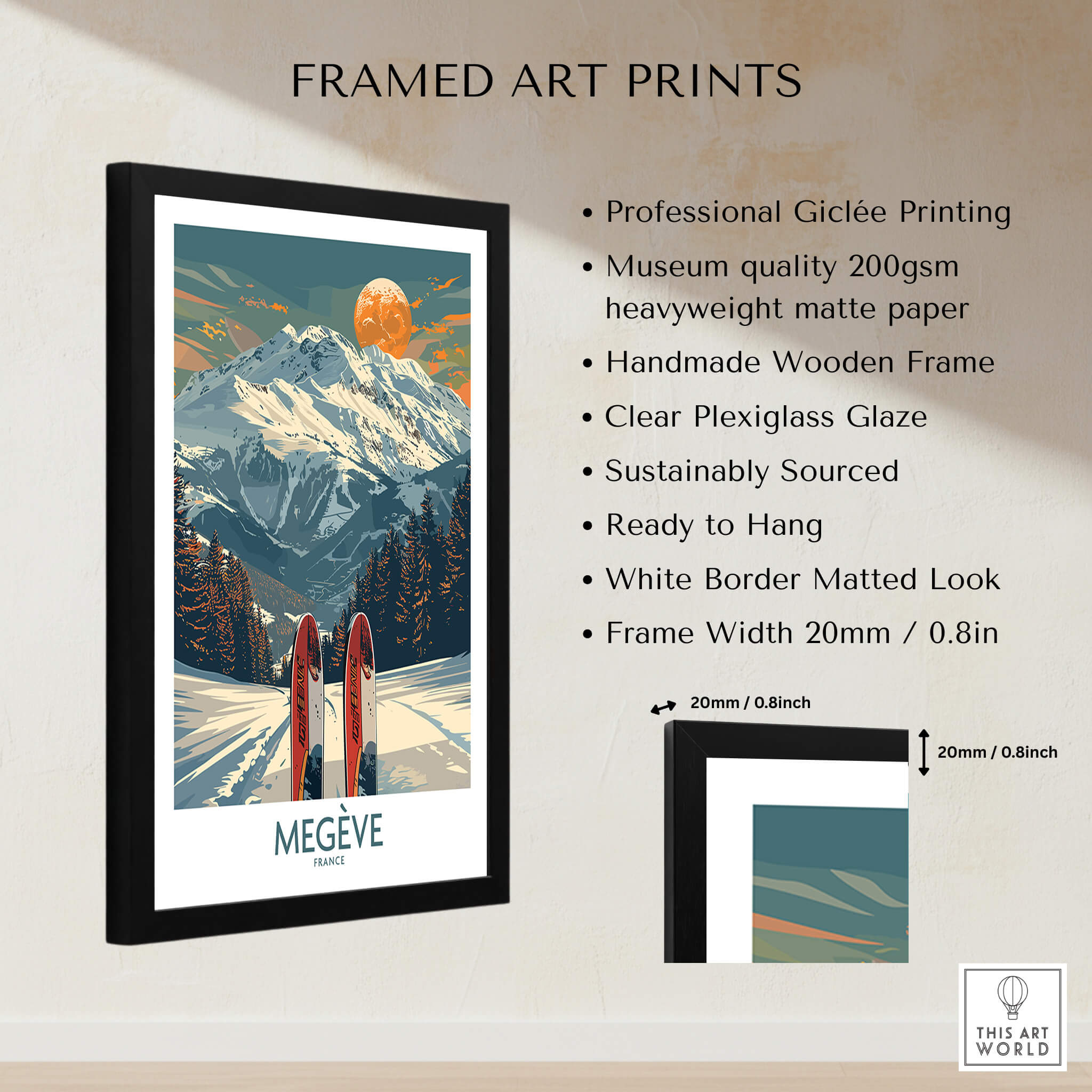 Megève Ski Print - France showcased in a framed Giclée art print with snowy mountain scene.