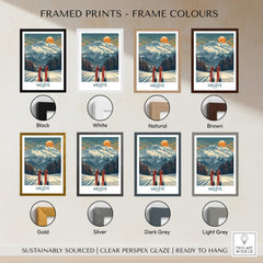 Megève Ski Print - France framed print color options including black, white, natural, brown, gold, silver, dark grey, light grey.