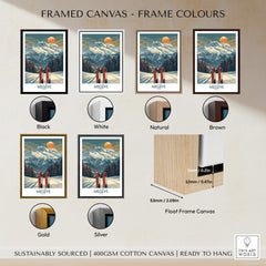 Framed canvas options for Megève Ski Print - France in various frame colors including black, white, natural, brown, gold, and silver.