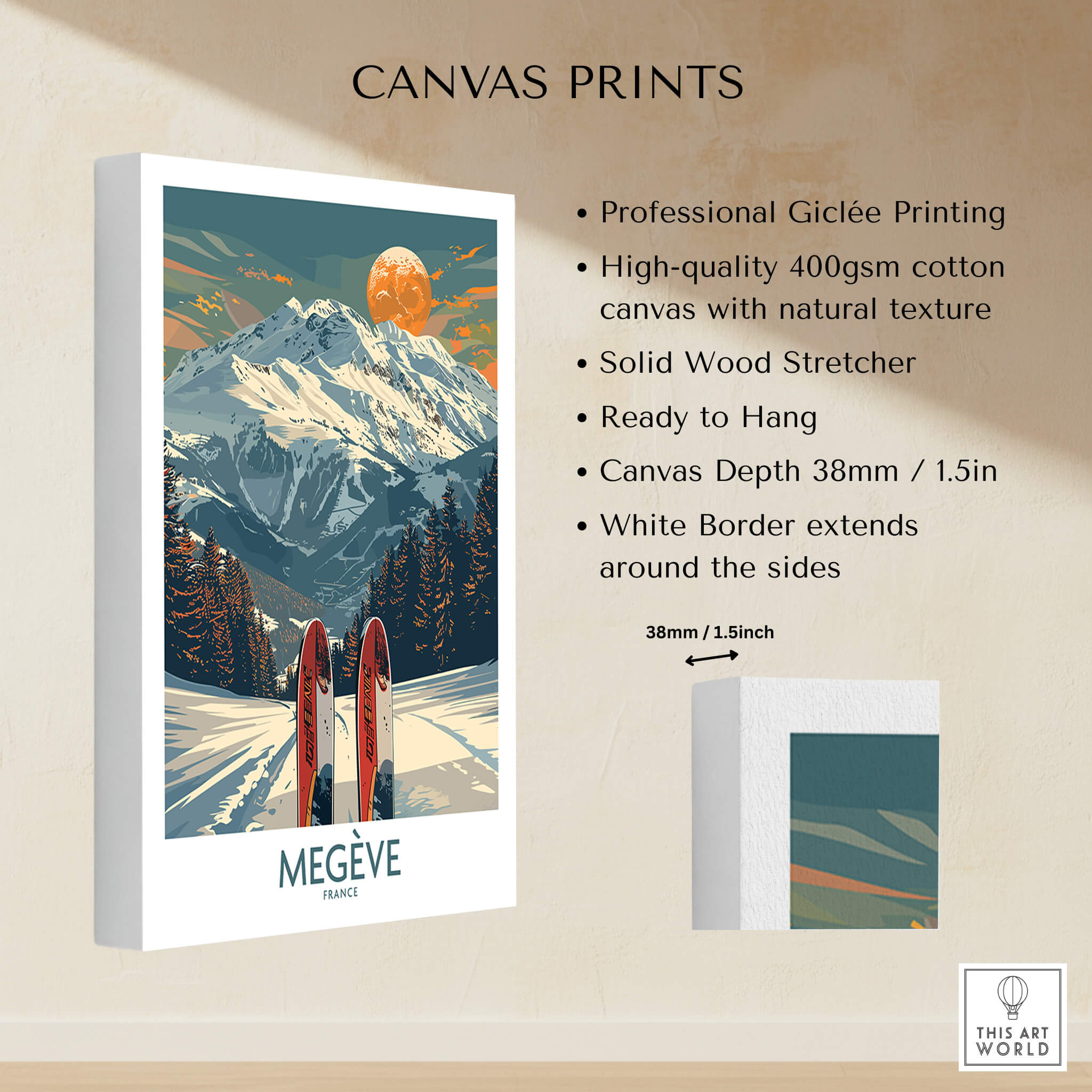Megève Ski Print -  France displayed on high-quality canvas with natural texture, ready to hang.