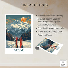 Megève Ski Print - France showcasing the picturesque mountains and ski scene, printed on high-quality matte paper.