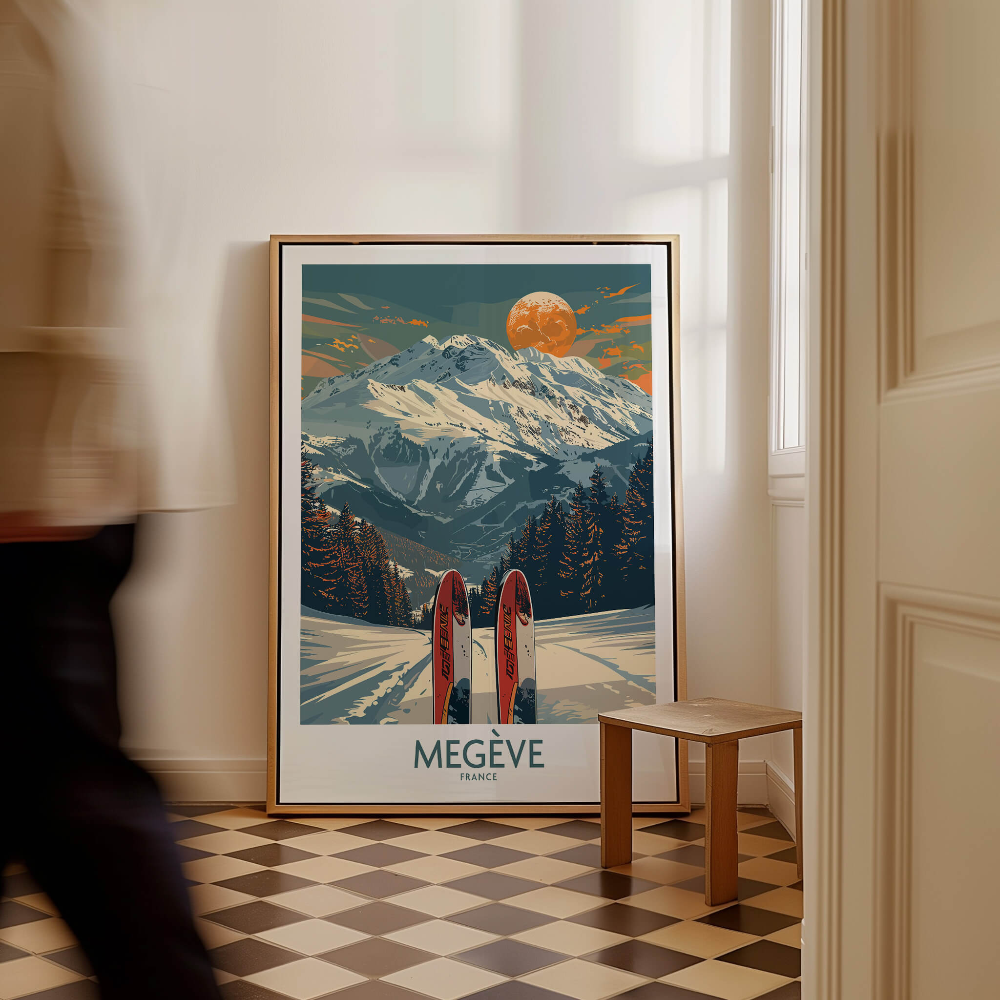 Megève Ski Print - France showcasing a winter scene with mountains and ski equipment in a cozy interior.