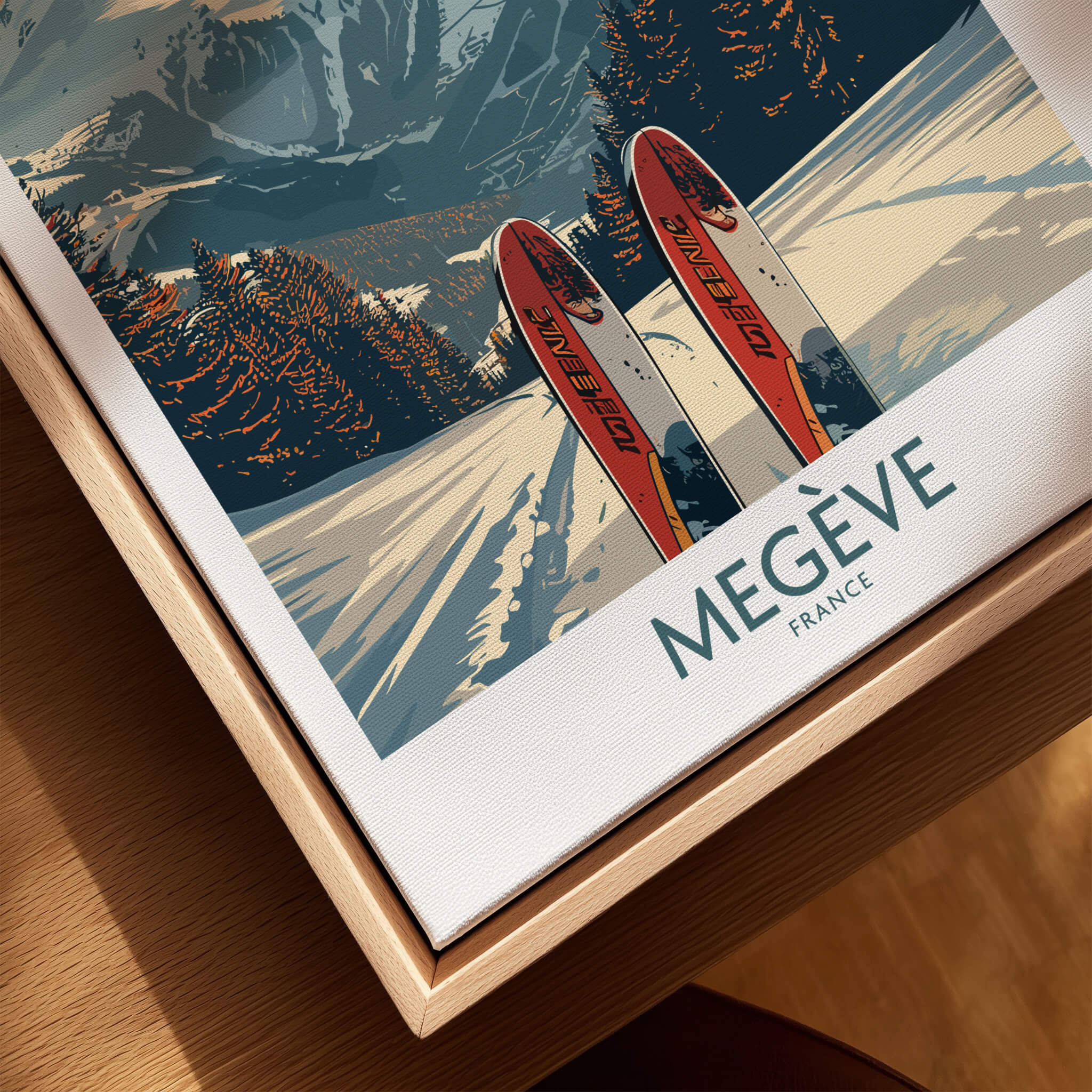 Megève Ski Print - France featuring vintage skis and stunning alpine scenery.