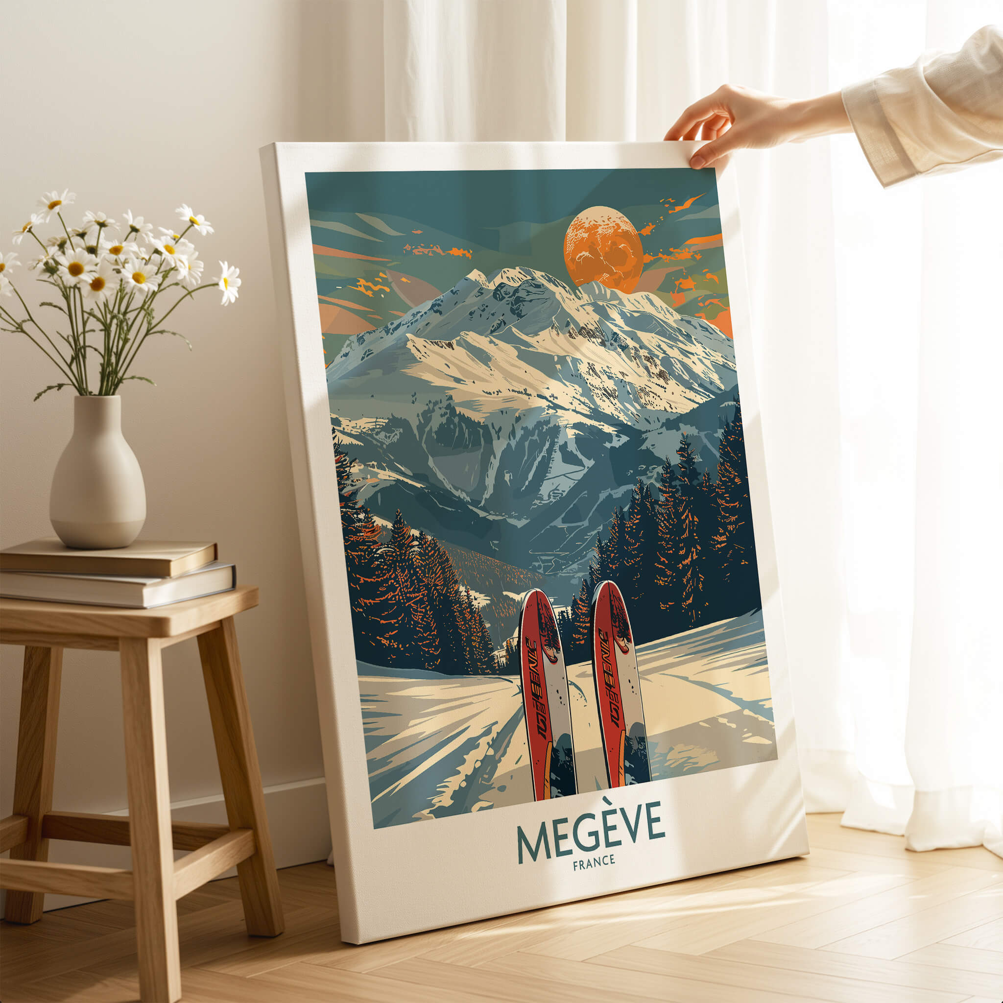 Megève Ski Print - France showcasing the French Alps with skis in forefront and a stunning mountain backdrop.
