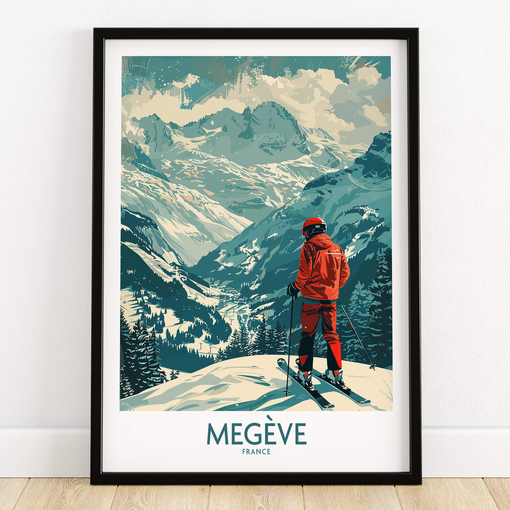 Megève Wall Art - France featuring a skier overlooking the French Alps in a stunning ski poster design.