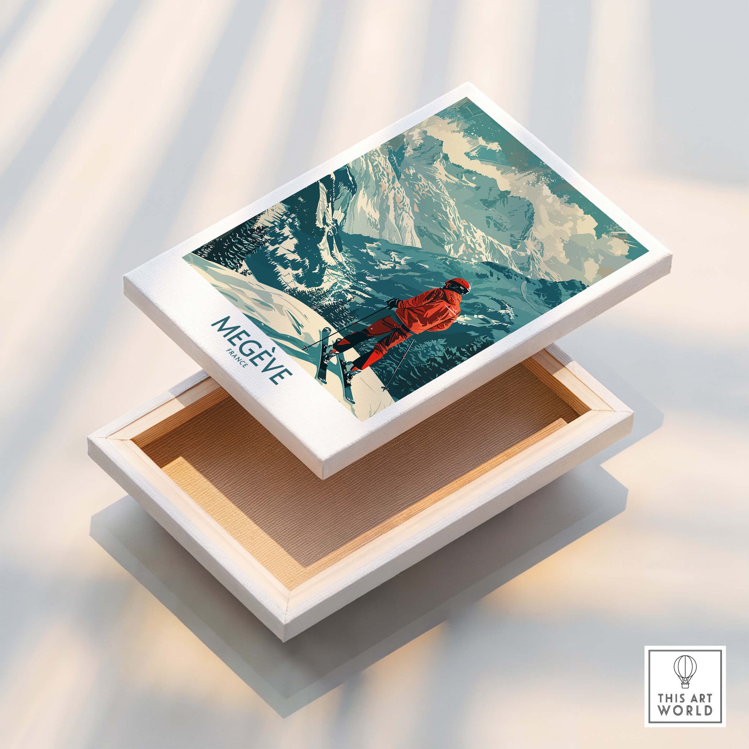 Megève Wall Art - France displayed on a box, showcasing a skier amidst French Alps scenery.
