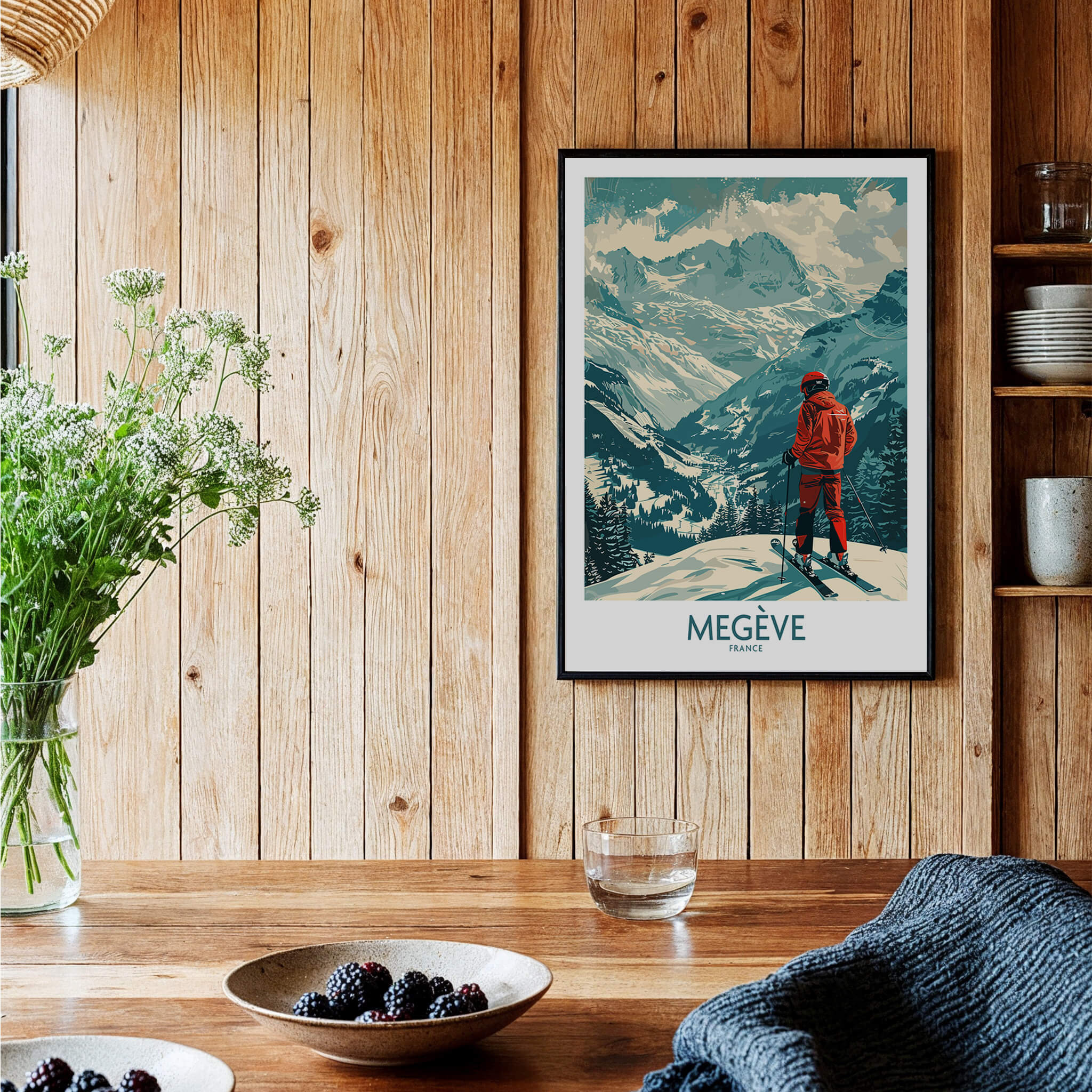Megève Wall Art - France featuring a skier overlooking the French Alps in a cozy, wooden setting.