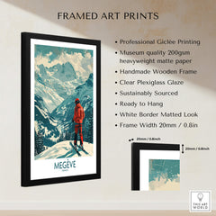 Megève Wall Art - France framed art print featuring a skier in the French Alps with a wooden frame.