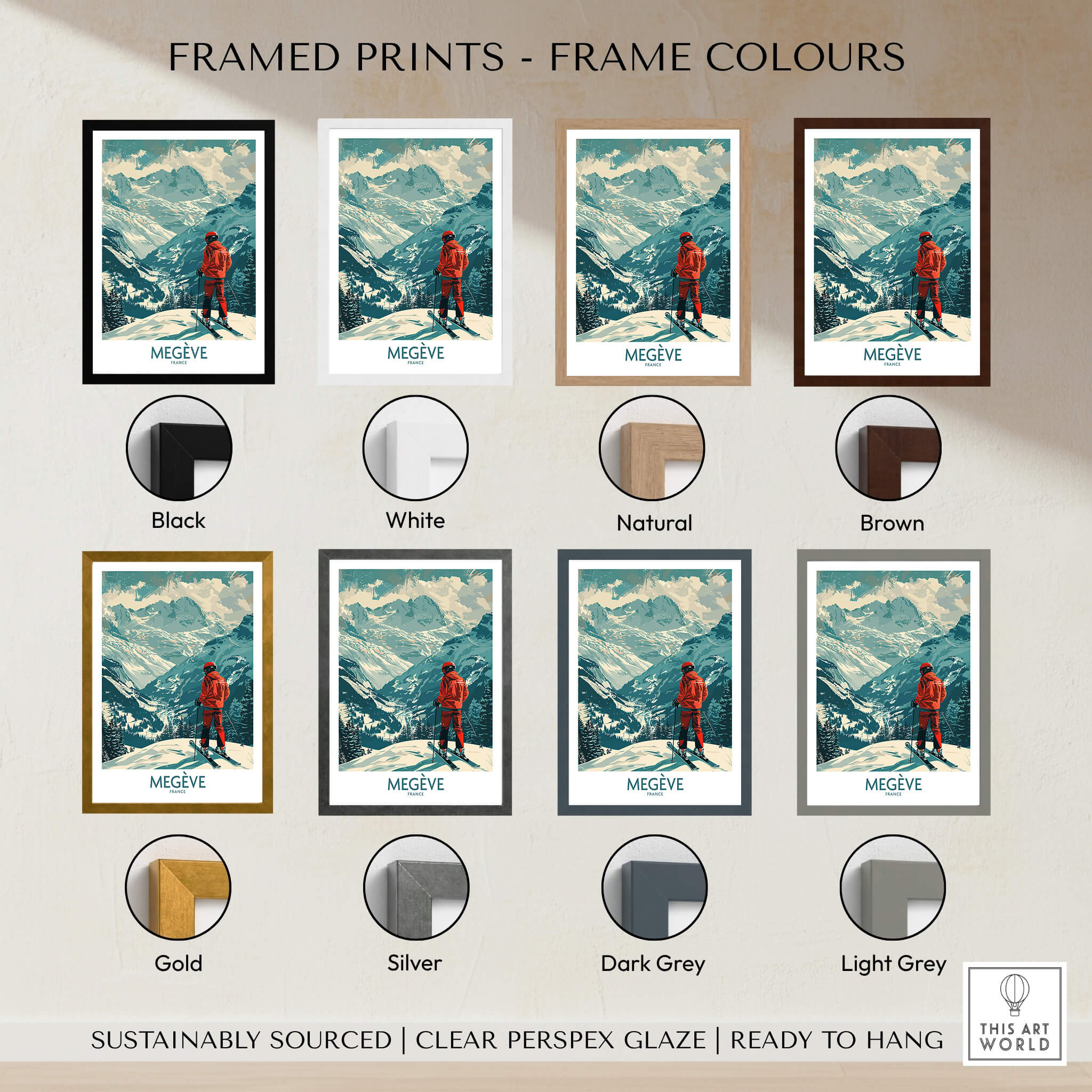 Megève Wall Art - France framed print options in various colors including black, white, natural, brown, gold, silver, dark grey, and light grey.