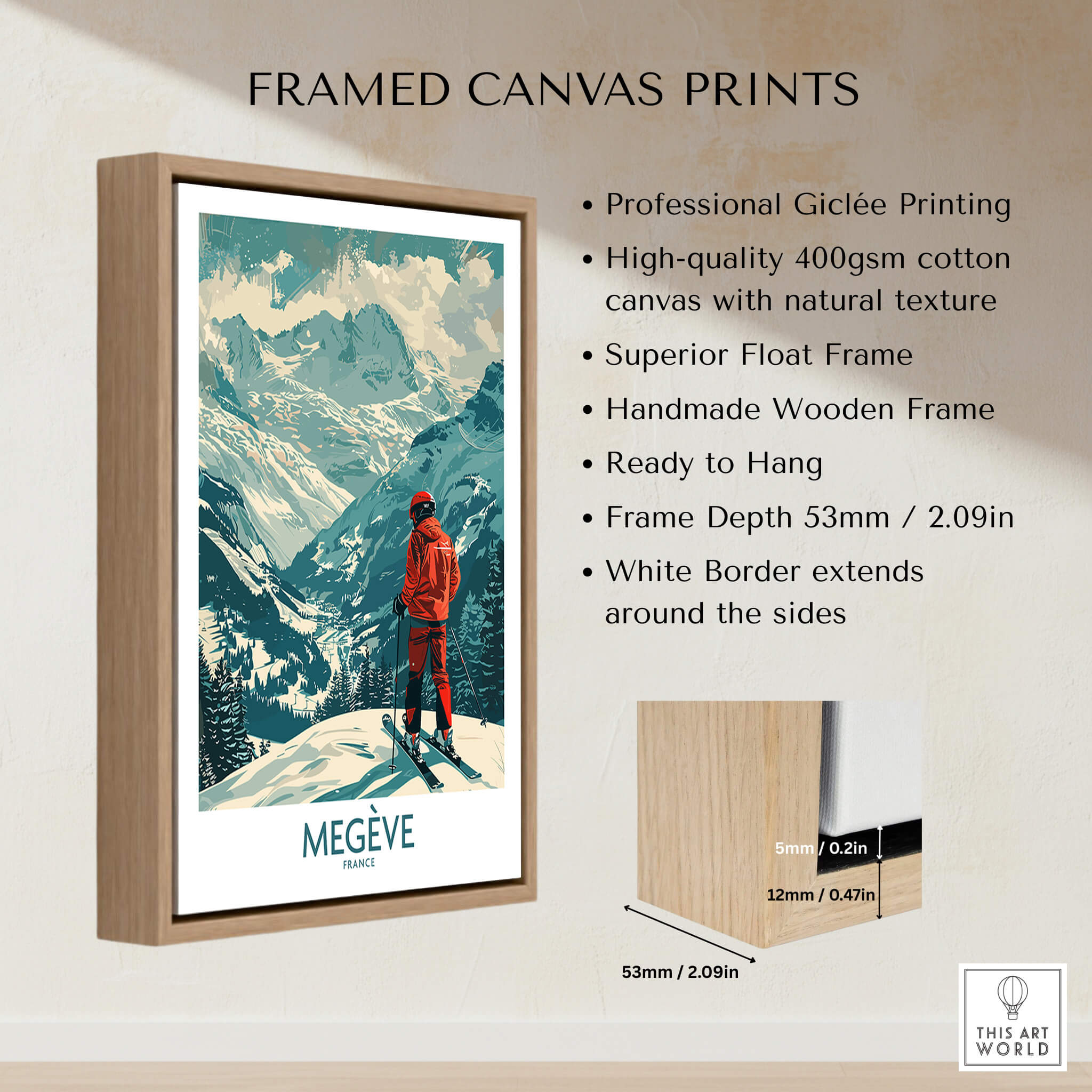 Megève Wall Art - France framed canvas print showcasing a skier in the French Alps.