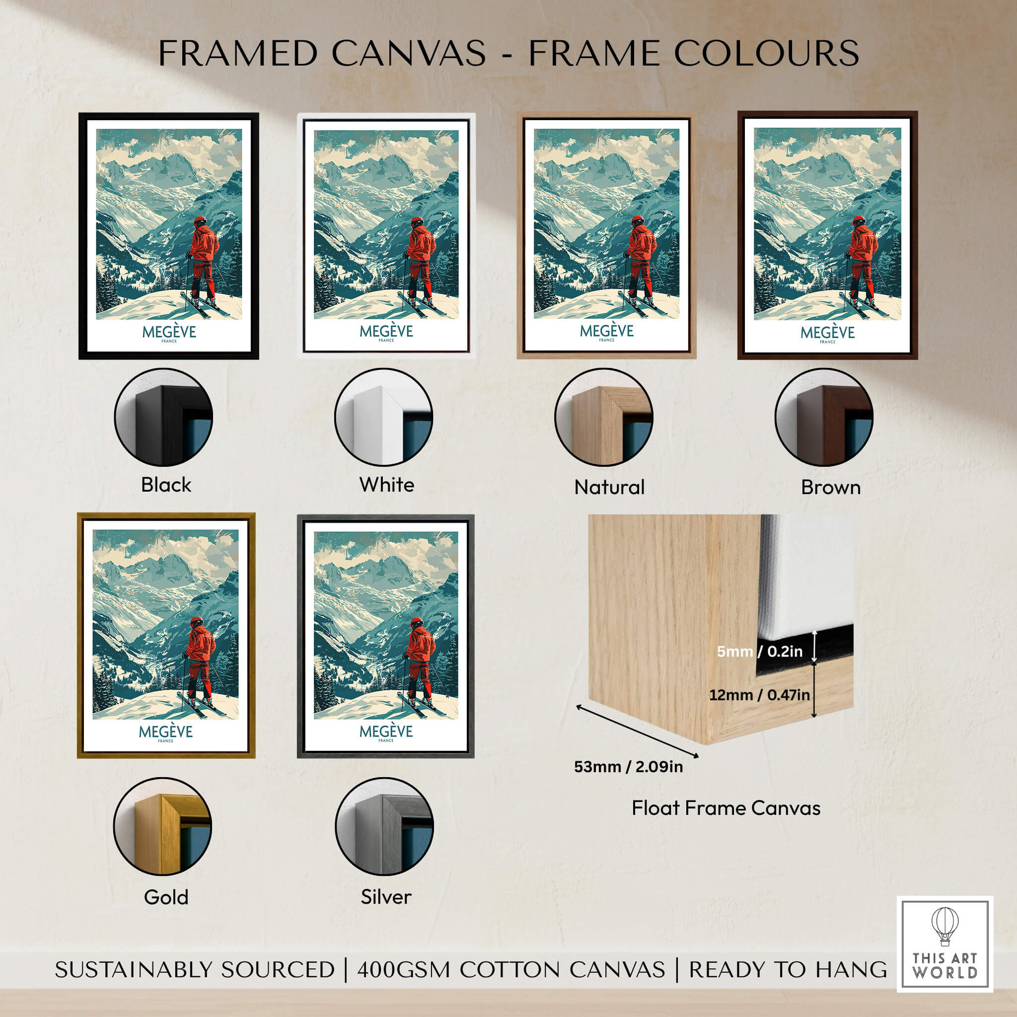 Megève Wall Art - France framed canvas options in various colors including black, white, natural, brown, gold, and silver.