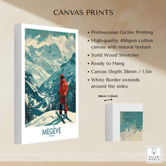 Megève Wall Art - France featuring a skier in the Alps on a canvas print, high-quality Giclée printing.