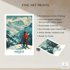 Megève Wall Art - France showcasing a skier in the French Alps with vibrant colors and stunning mountain backdrop.