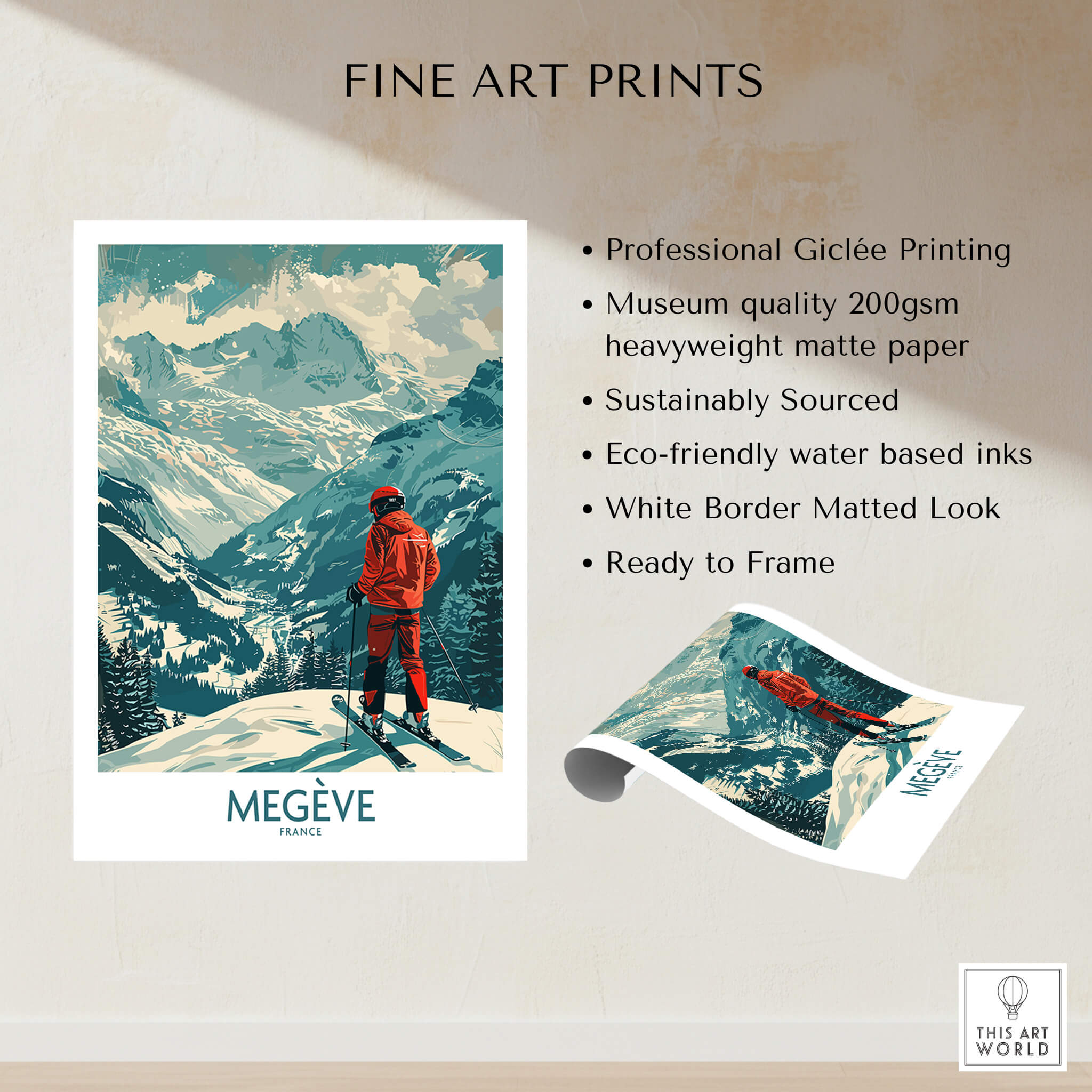 Megève Wall Art - France showcasing a skier in the French Alps with vibrant colors and stunning mountain backdrop.