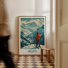 Megève Wall Art - France showcasing a skier in the French Alps, beautifully framed in a stylish interior setting.