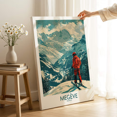 Megève Wall Art - France featuring a skier in the French Alps with snow-capped mountains in the background.