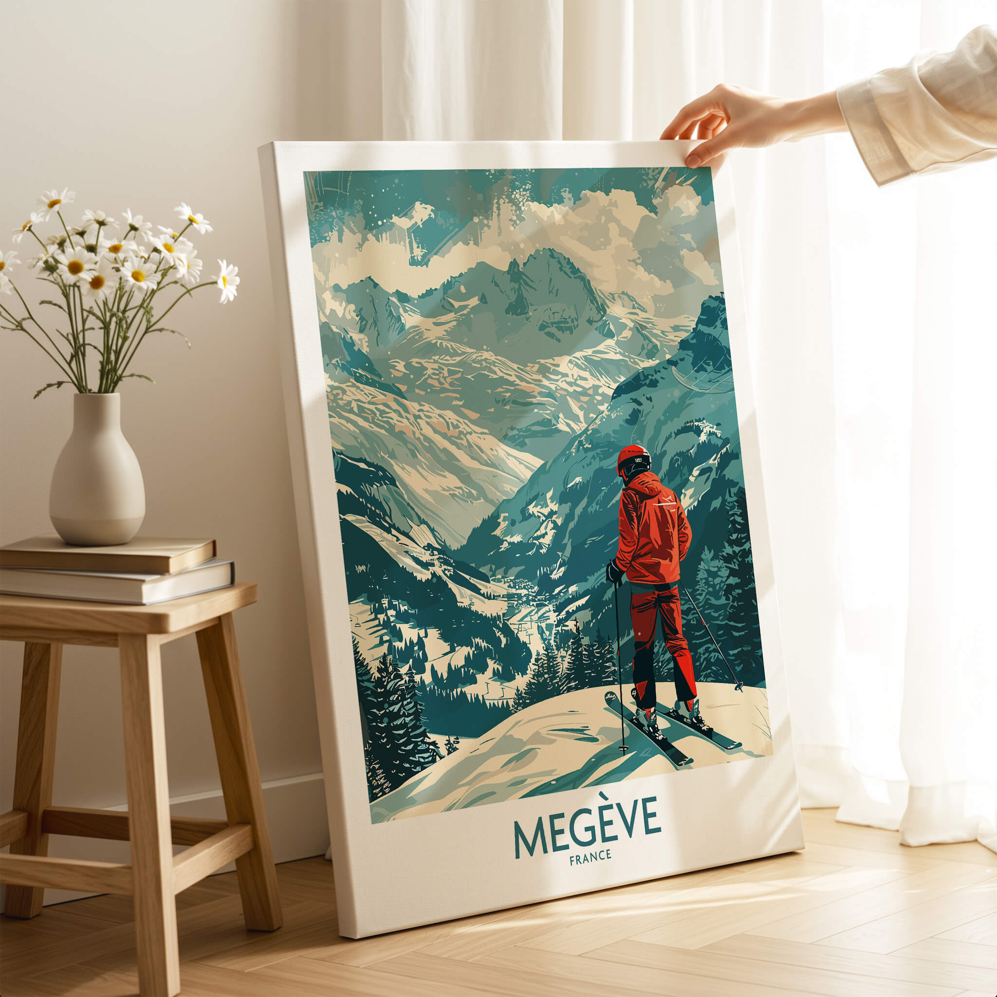 Megève Wall Art - France featuring a skier in the French Alps with snow-capped mountains in the background.