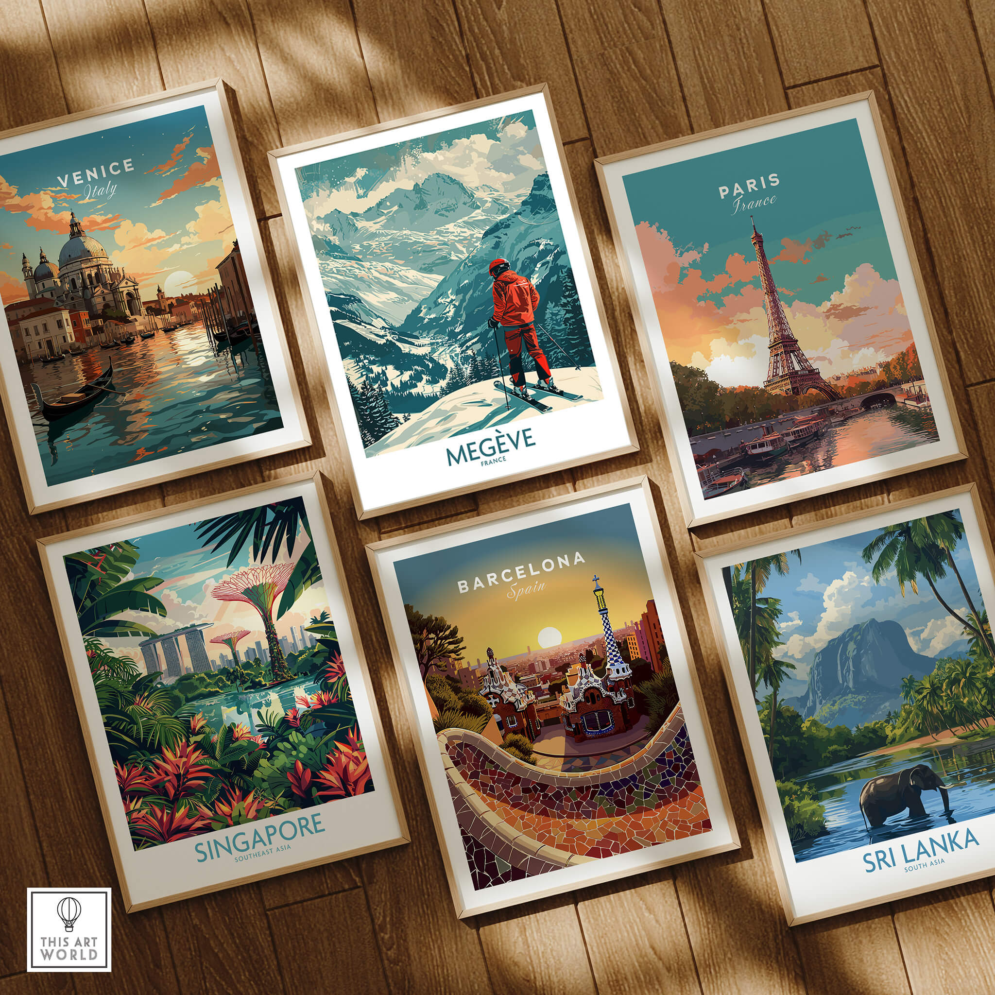 Megève Wall Art - France showcased among travel posters of Venice, Singapore, Paris, Barcelona, and Sri Lanka.