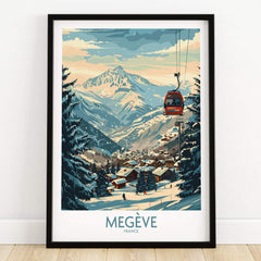 Megève Wall Art Poster - France showcasing the French Alps ski resort with cable car and snow-covered village.
