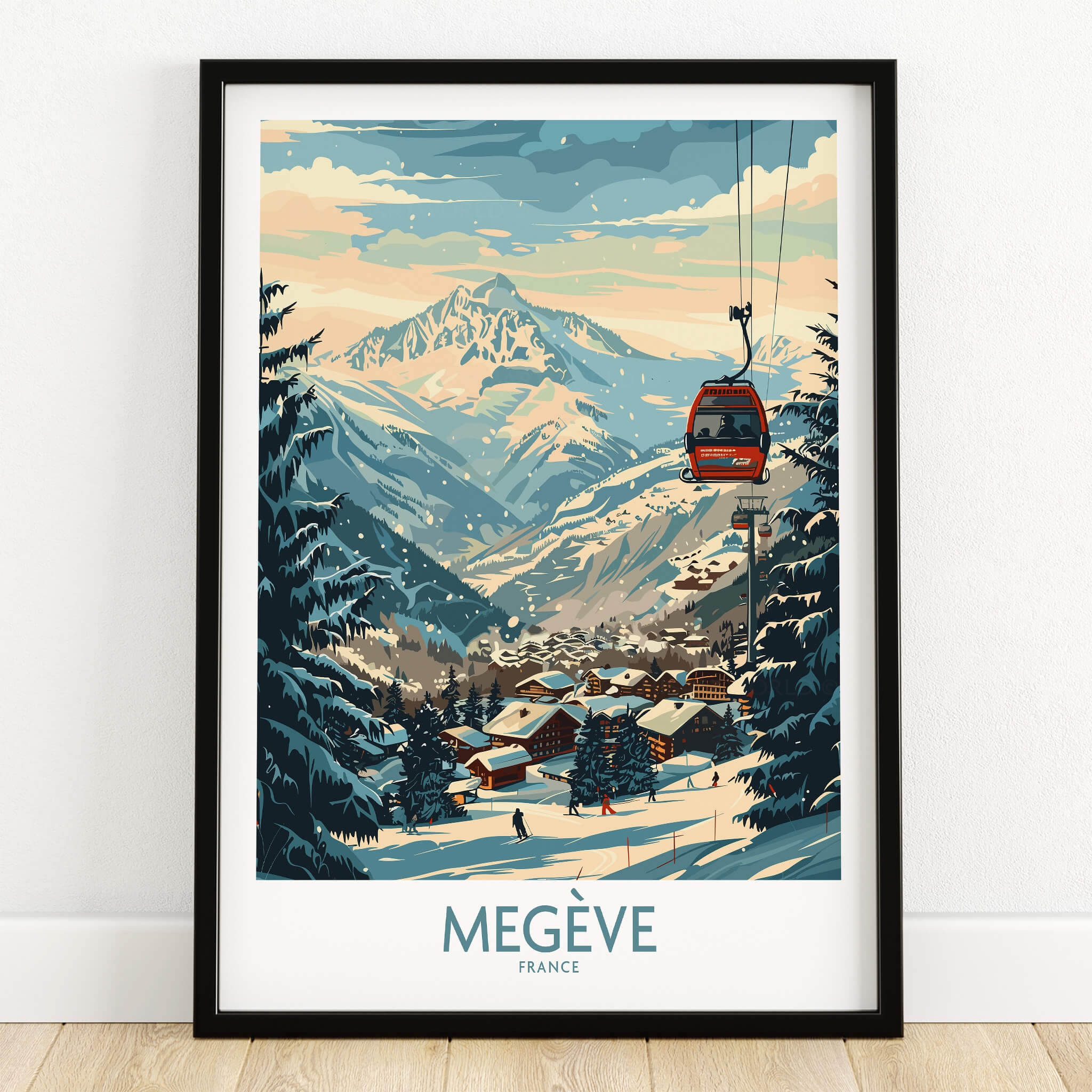 Megève Wall Art Poster - France showcasing the French Alps ski resort with cable car and snow-covered village.