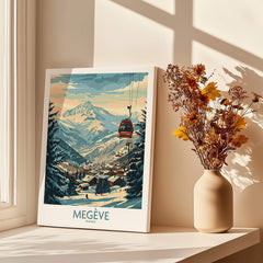 Megève Wall Art Poster - France featuring a scenic view of the ski resort and mountains.