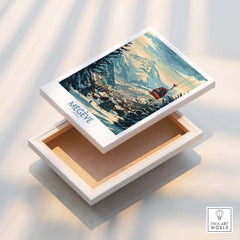 Megève Wall Art Poster - France displayed on a wooden box showcasing the beauty of the French Alps.