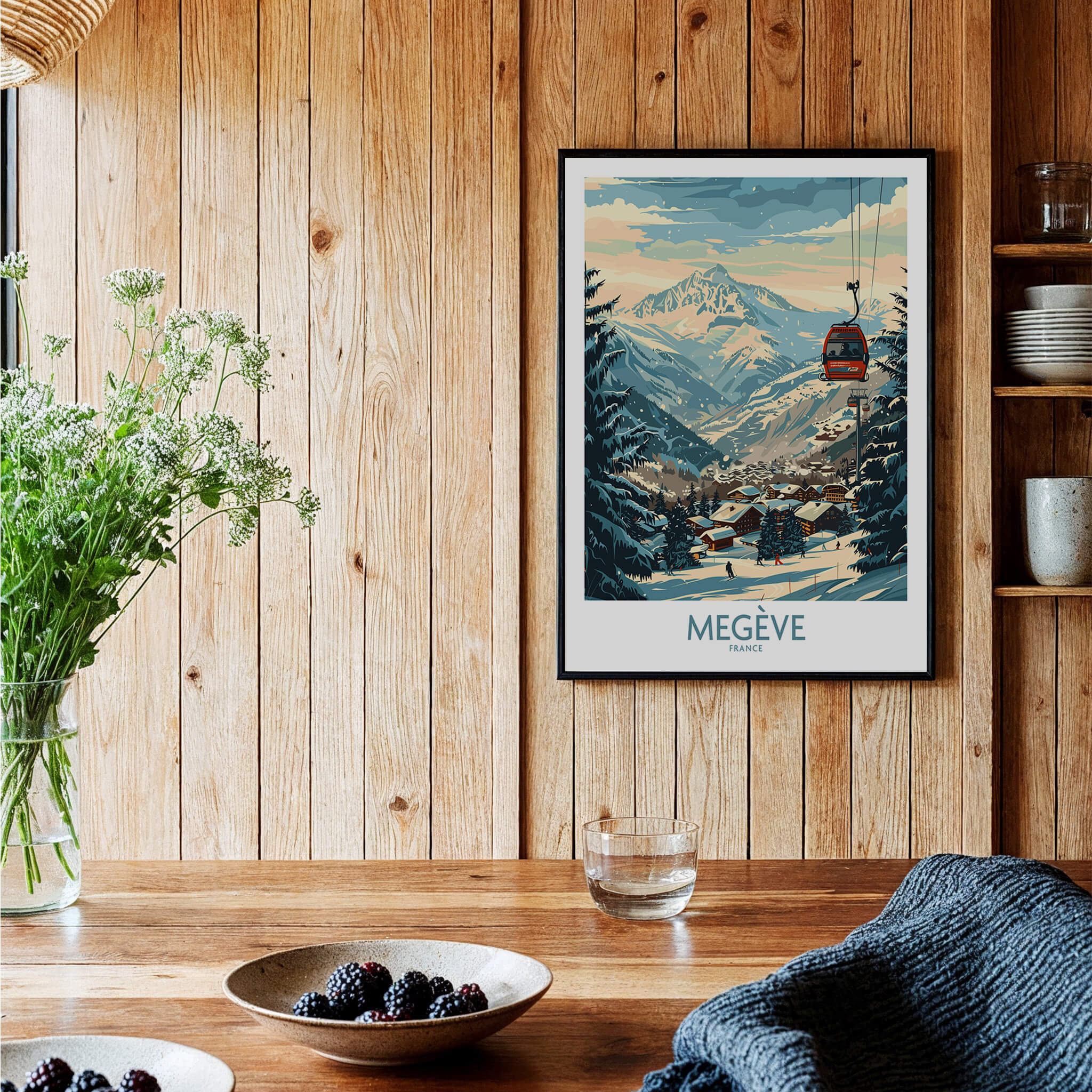 Megève Wall Art Poster - France featuring a ski resort scene with mountains and a cable car in a cozy interior.