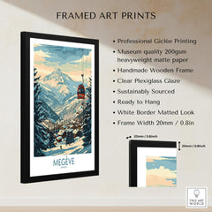 Megève Wall Art Poster - France showcasing a framed print with a scenic view of the French Alps and ski gondola.