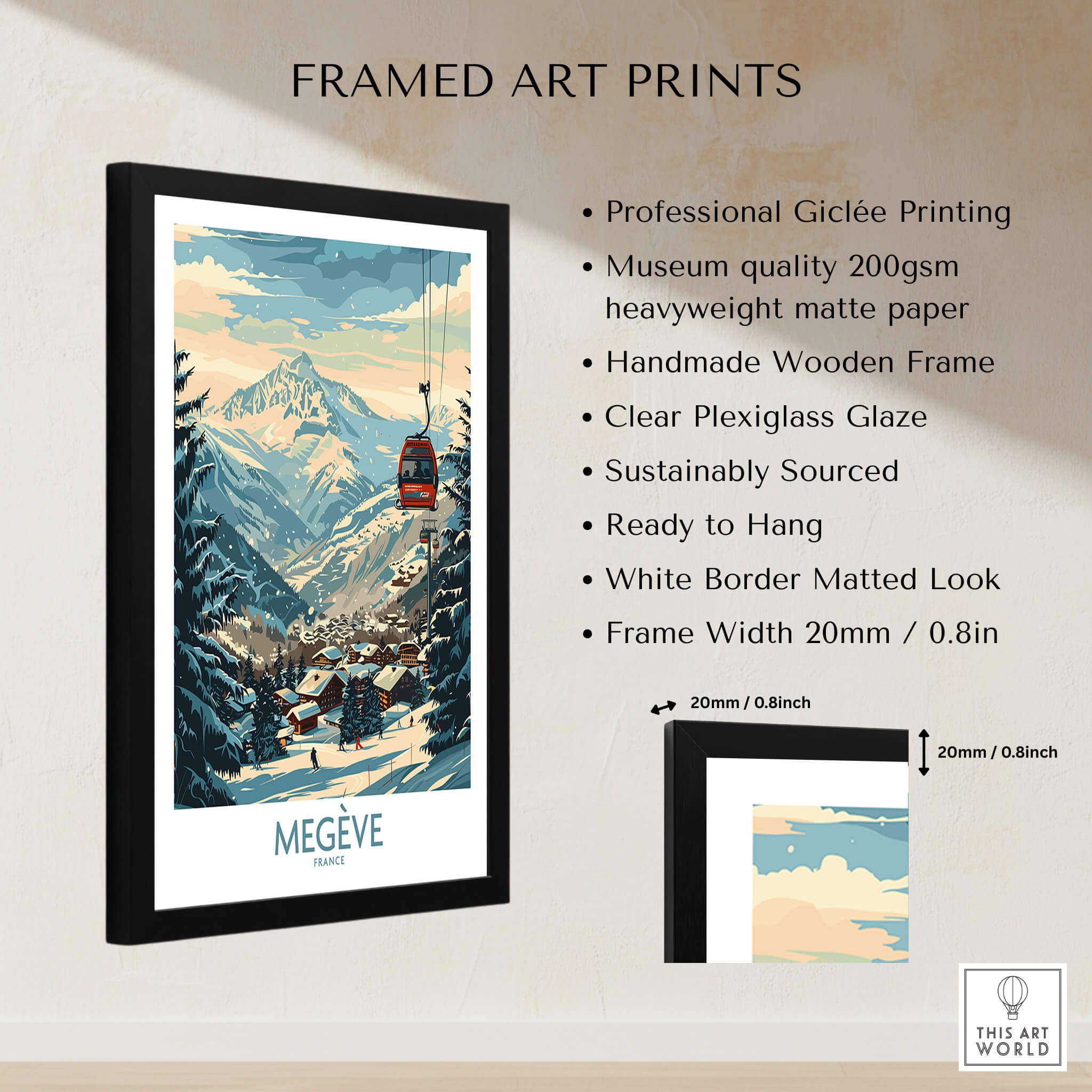 Megève Wall Art Poster - France showcasing a framed print with a scenic view of the French Alps and ski gondola.