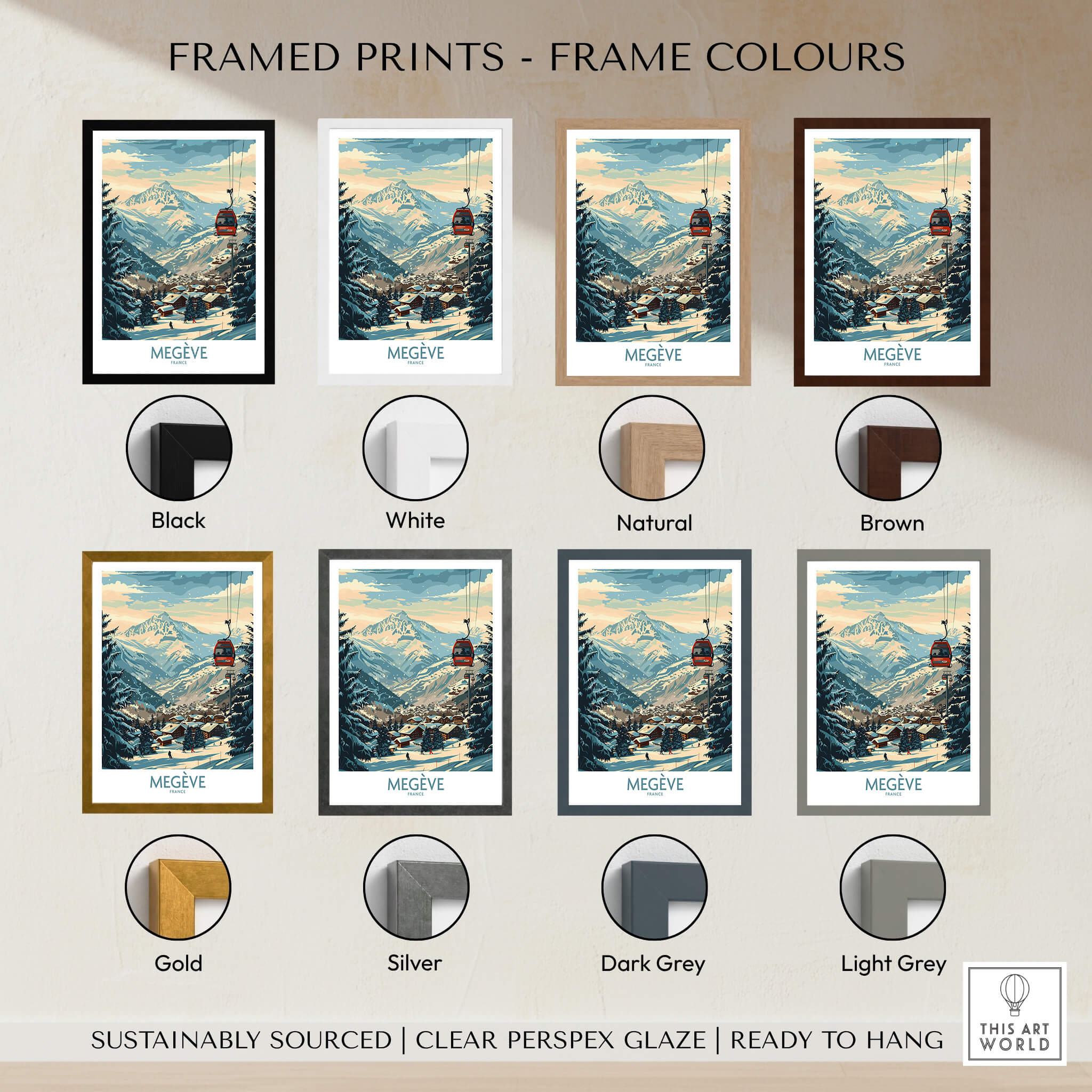 Framed Megève Wall Art Poster - France showcasing various frame colors including black, white, natural, and more.