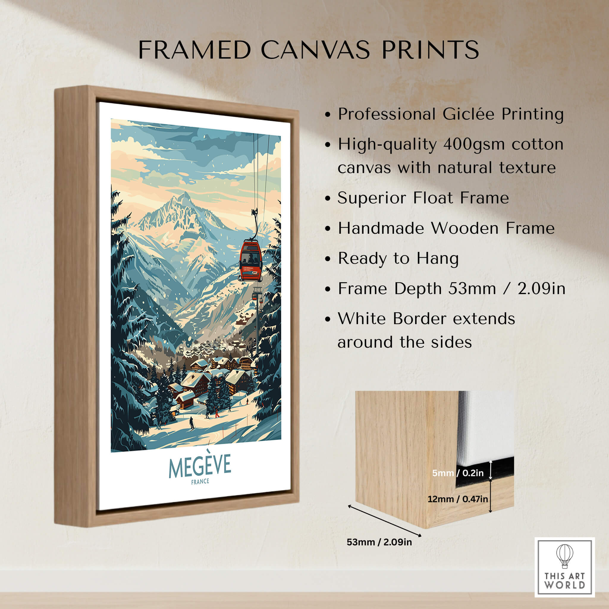 Megève Wall Art Poster - France displayed in a framed canvas print with a picturesque mountain scene.