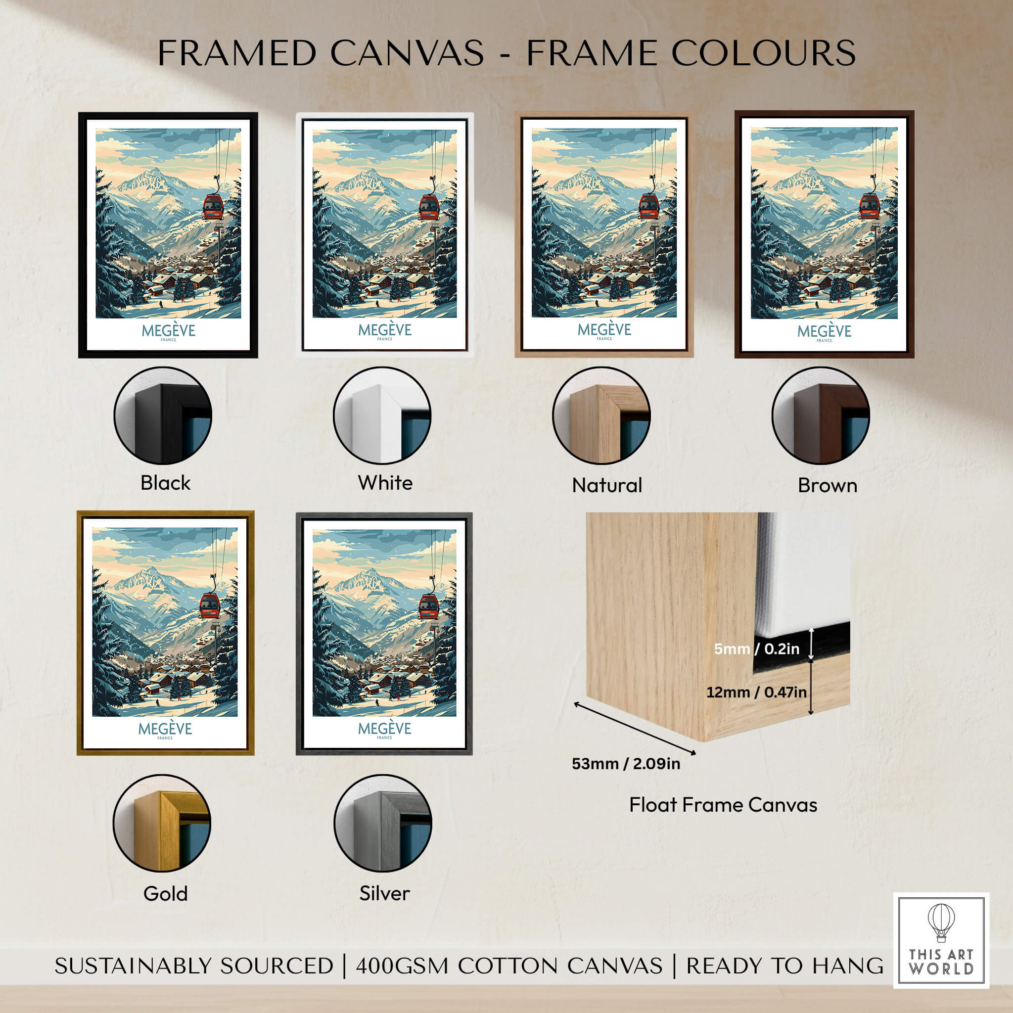 Megève Wall Art Poster - France with various framed canvas options in black, white, natural, brown, gold, and silver.