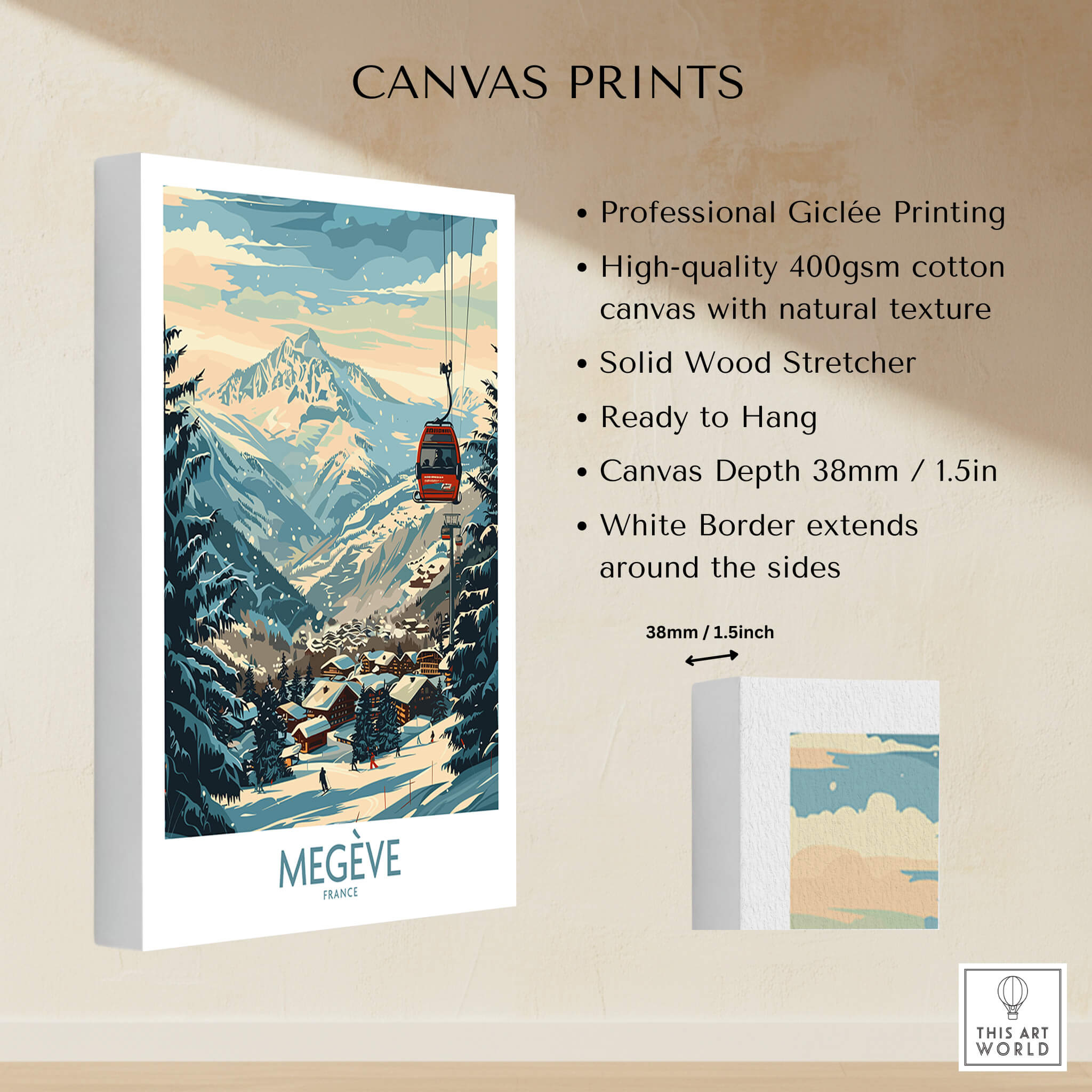 Megève Wall Art Poster - France showcasing a scenic view of the French Alps with a gondola and charming chalets.