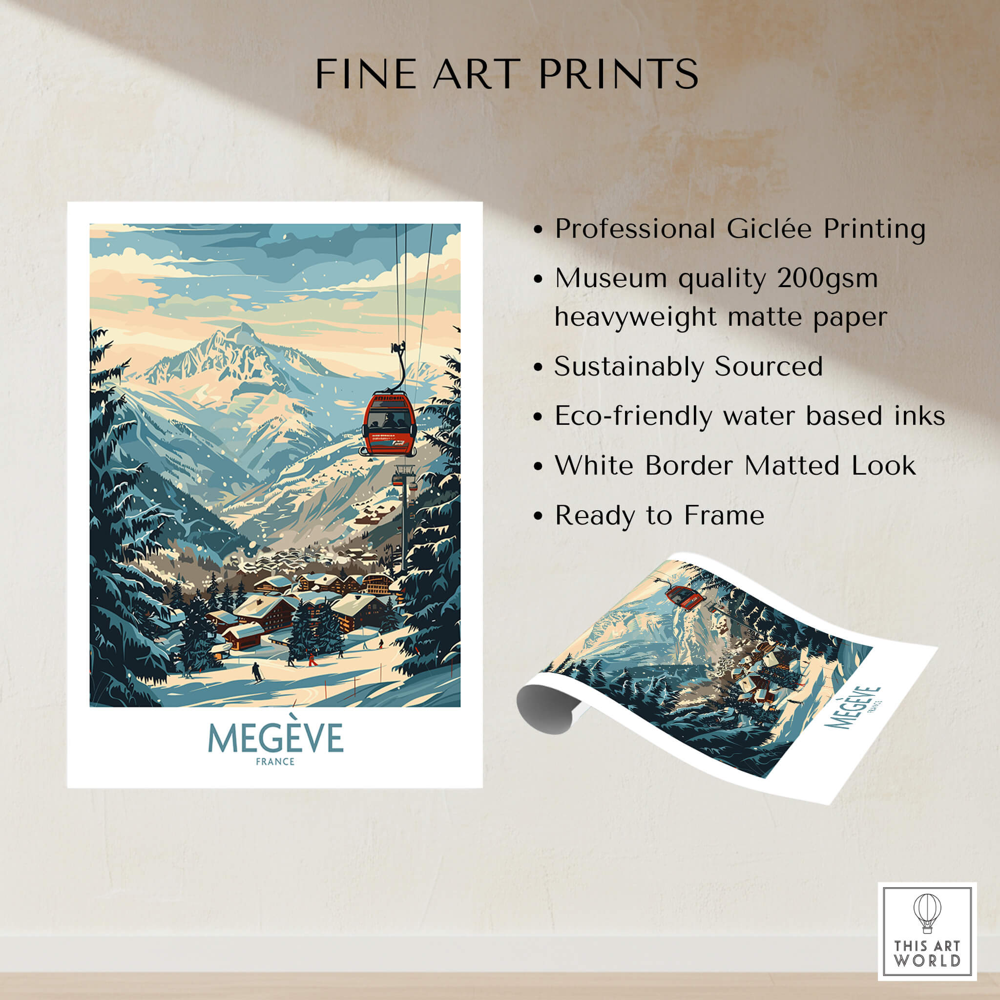 Megève Wall Art Poster - France displayed with details of professional Giclée printing and heavy matte paper.