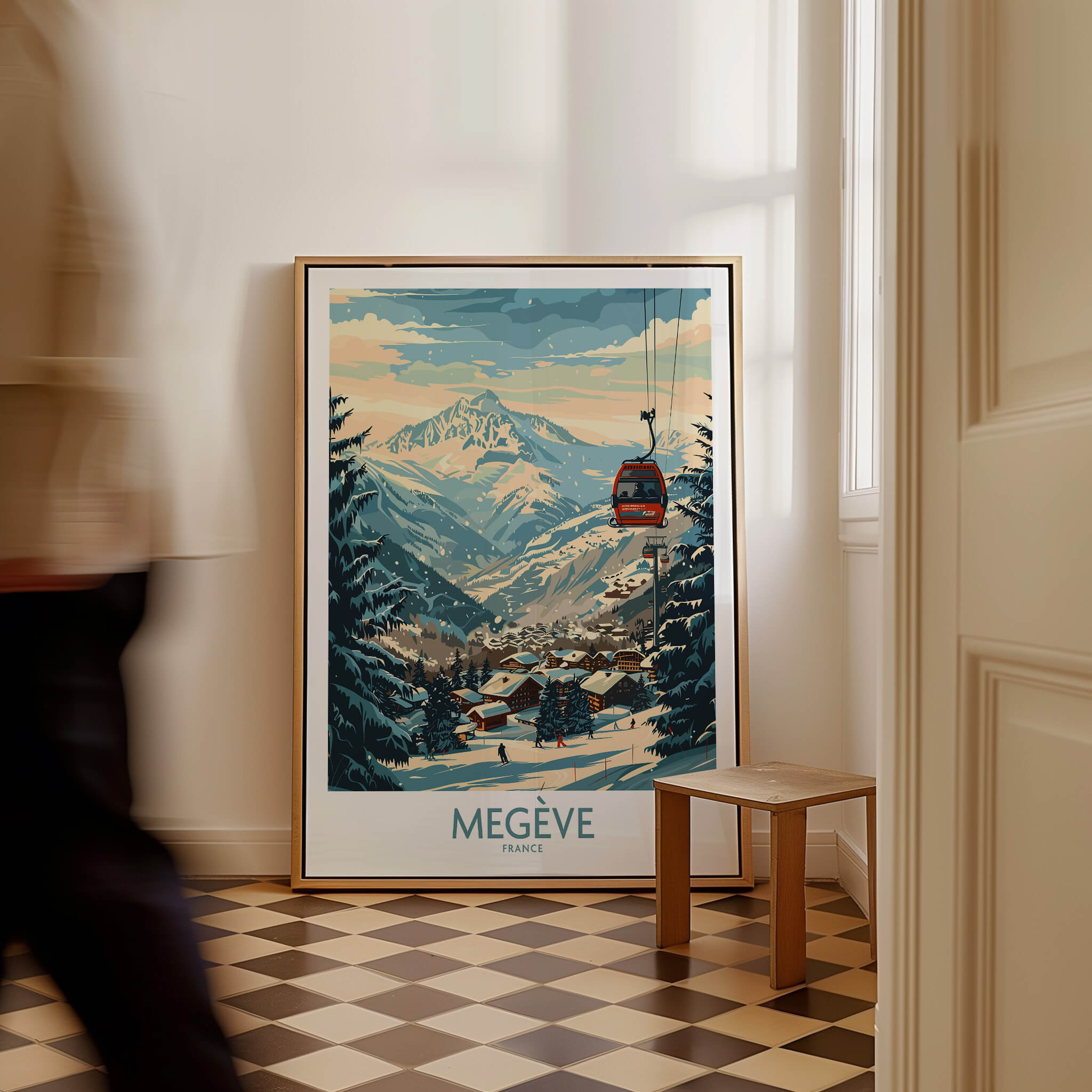 Megève Wall Art Poster - France showcased in a stylish interior with a ski resort scene.
