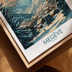 Megève Wall Art Poster - France featuring a stylish winter landscape of Megève, showcasing its charming chalets and snowy mountains.