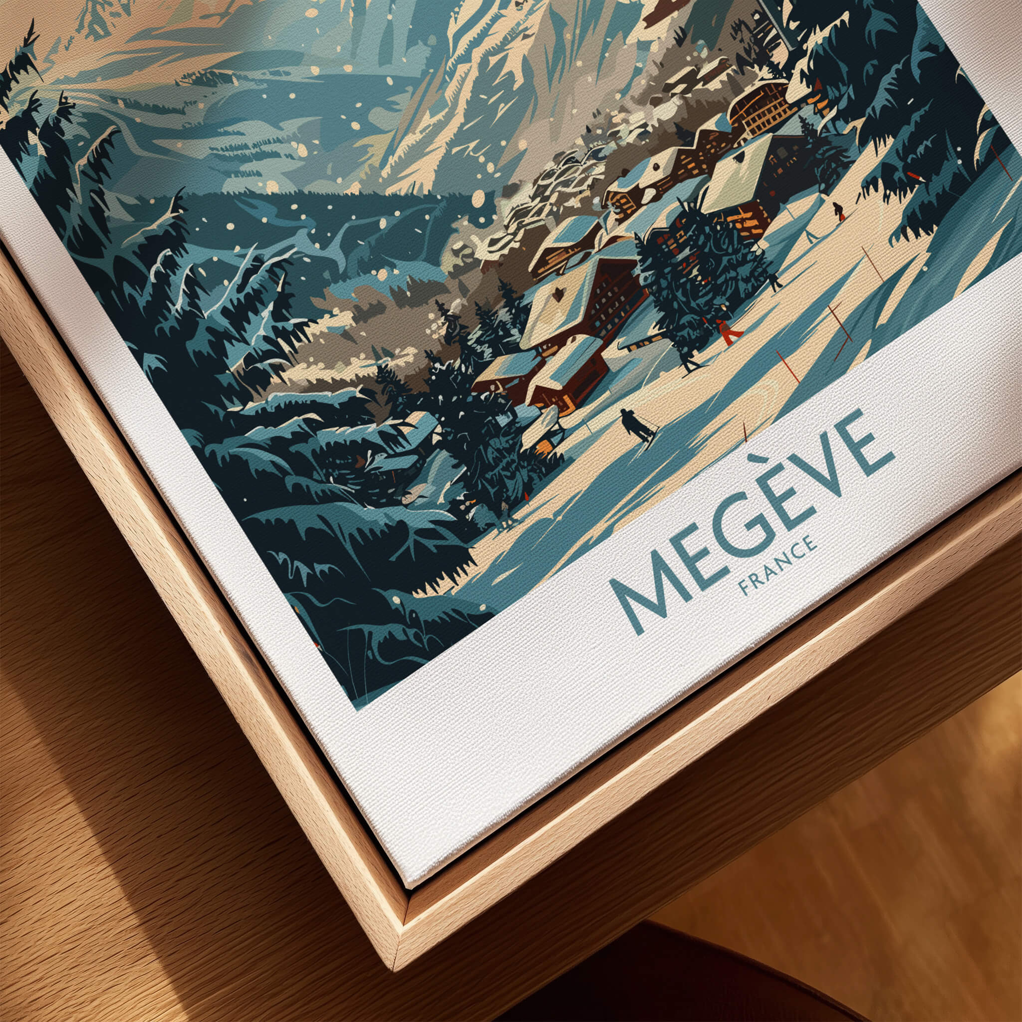 Megève Wall Art Poster - France featuring a stylish winter landscape of Megève, showcasing its charming chalets and snowy mountains.