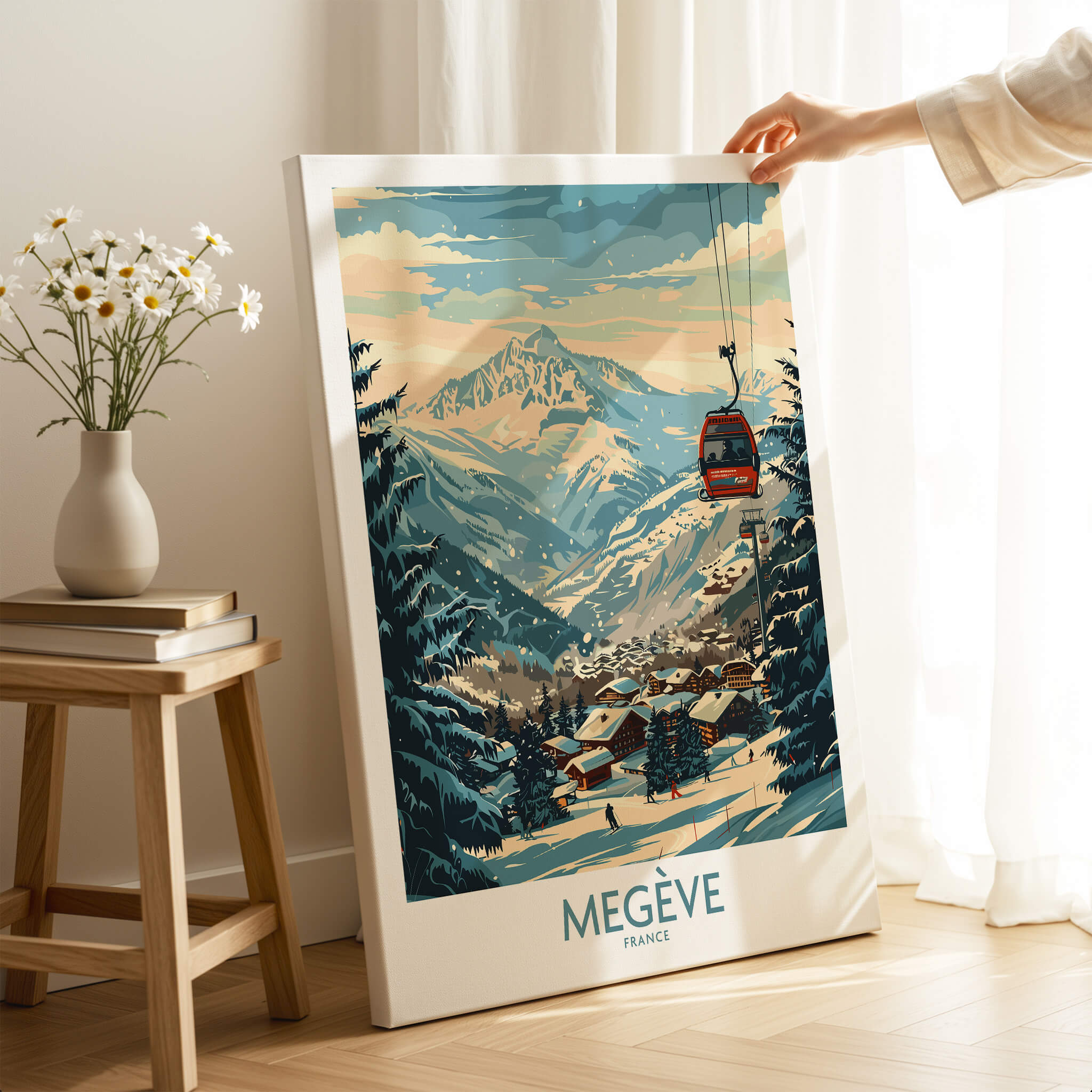Megève Wall Art Poster - France showcasing the French Alps and ski resort with stunning mountains and a cable car.