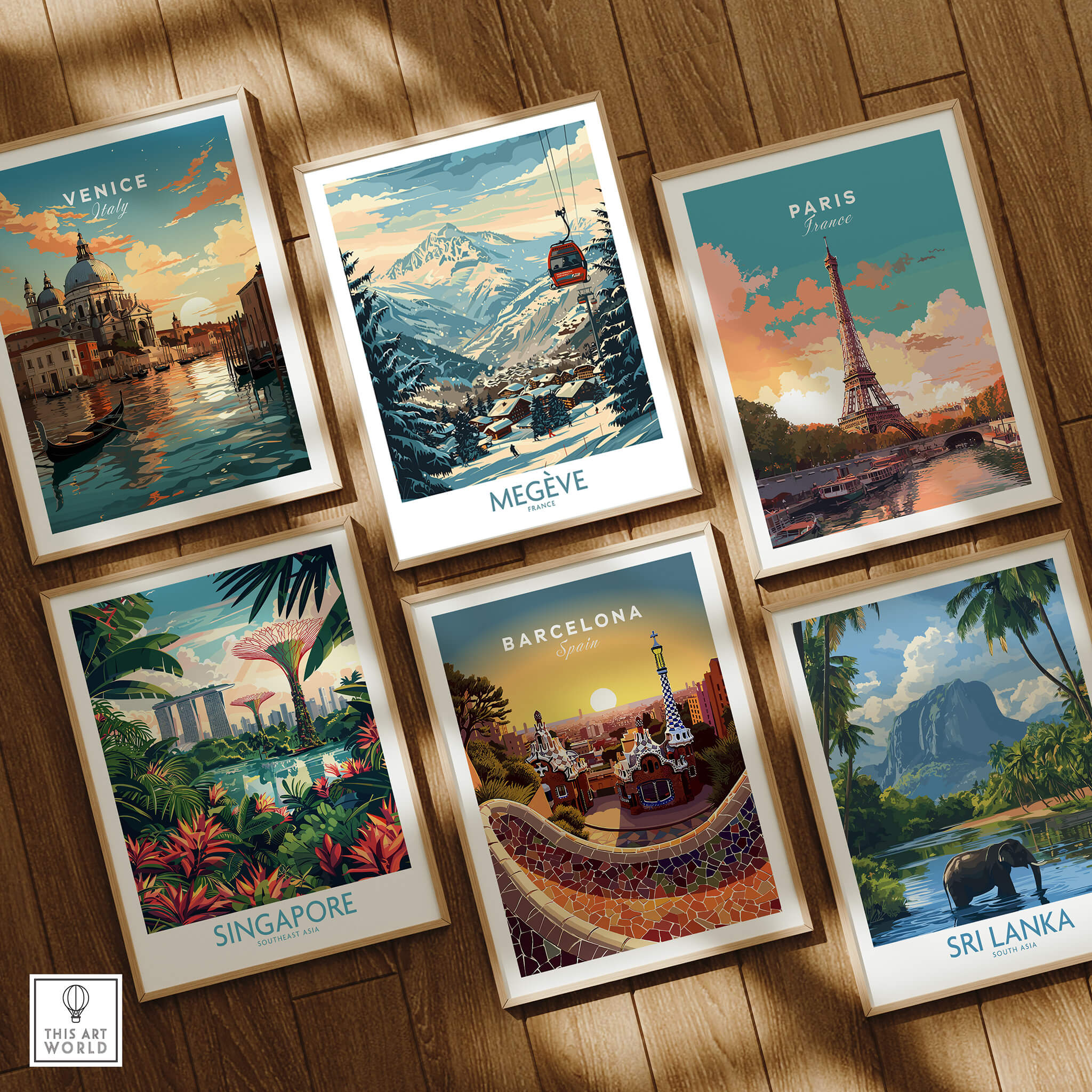 Megève Wall Art Poster - France featured among other destination posters like Venice, Paris, Singapore, Barcelona, and Sri Lanka.