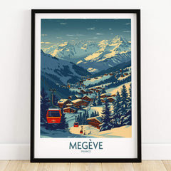 Megève Poster France Ski Print showcasing a beautiful snowy landscape of the French Alps with ski slopes and chalets.