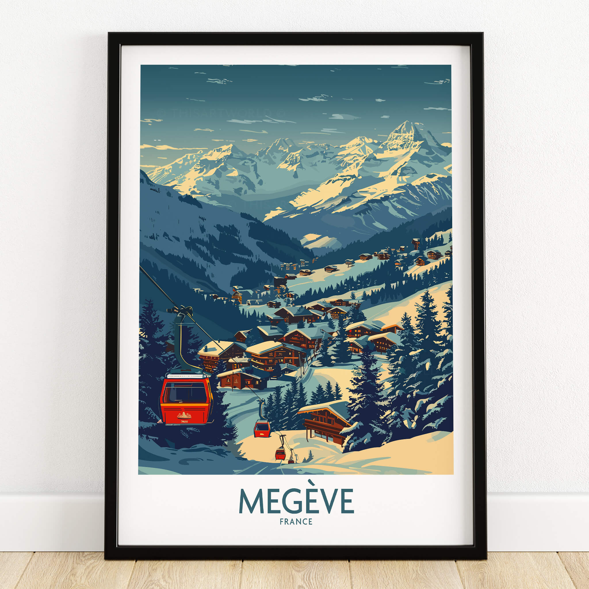 Megève Poster France Ski Print showcasing a beautiful snowy landscape of the French Alps with ski slopes and chalets.